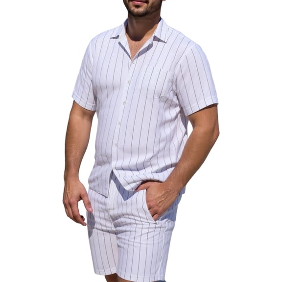 JUUYY Men's Linen Set 2 Piece Outfits Striped Casual Button Down Short Sleeve Shirt and Shorts Sets Loose Summer Vacation Outfit White S