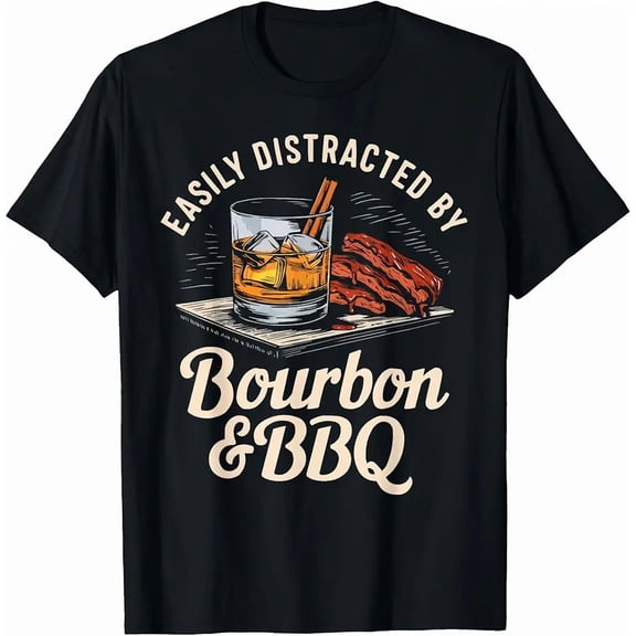 Funny Grilling BBQ Ribs and Whiskey Enthusiast Men Short Sleeve Novelty T-Shirt