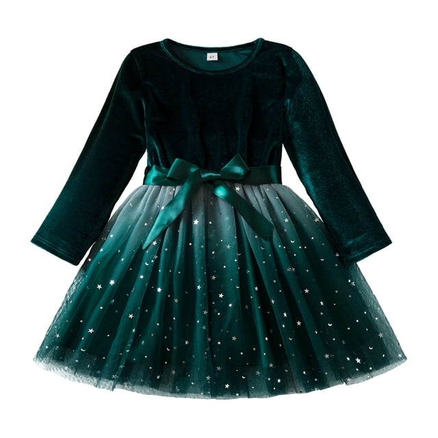 JIRNDf Flower Girl Dress For Wedding Party Princess Ball Gown Elegant Christmas Long Sleeve Bowknot Star Prints Summer Formal Casual Girls Dress Green 3-4 Years