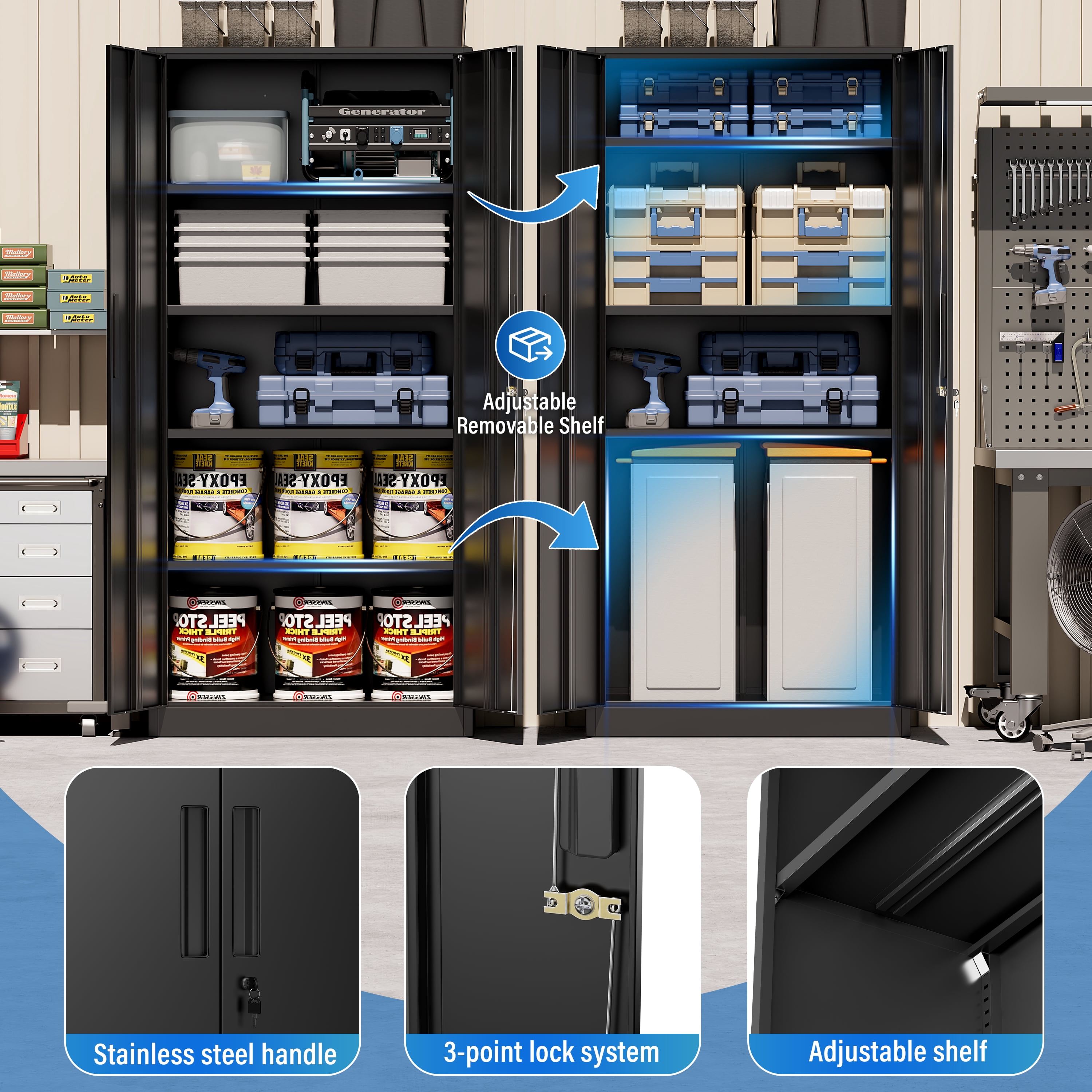 SUNCROWN 71 In Metal Storage Garage Cabinets with Locking Doors and Adjustable Shelves, Steel Storage Cabinet for Garage, Office, Classroom, Assemble Required(Black)