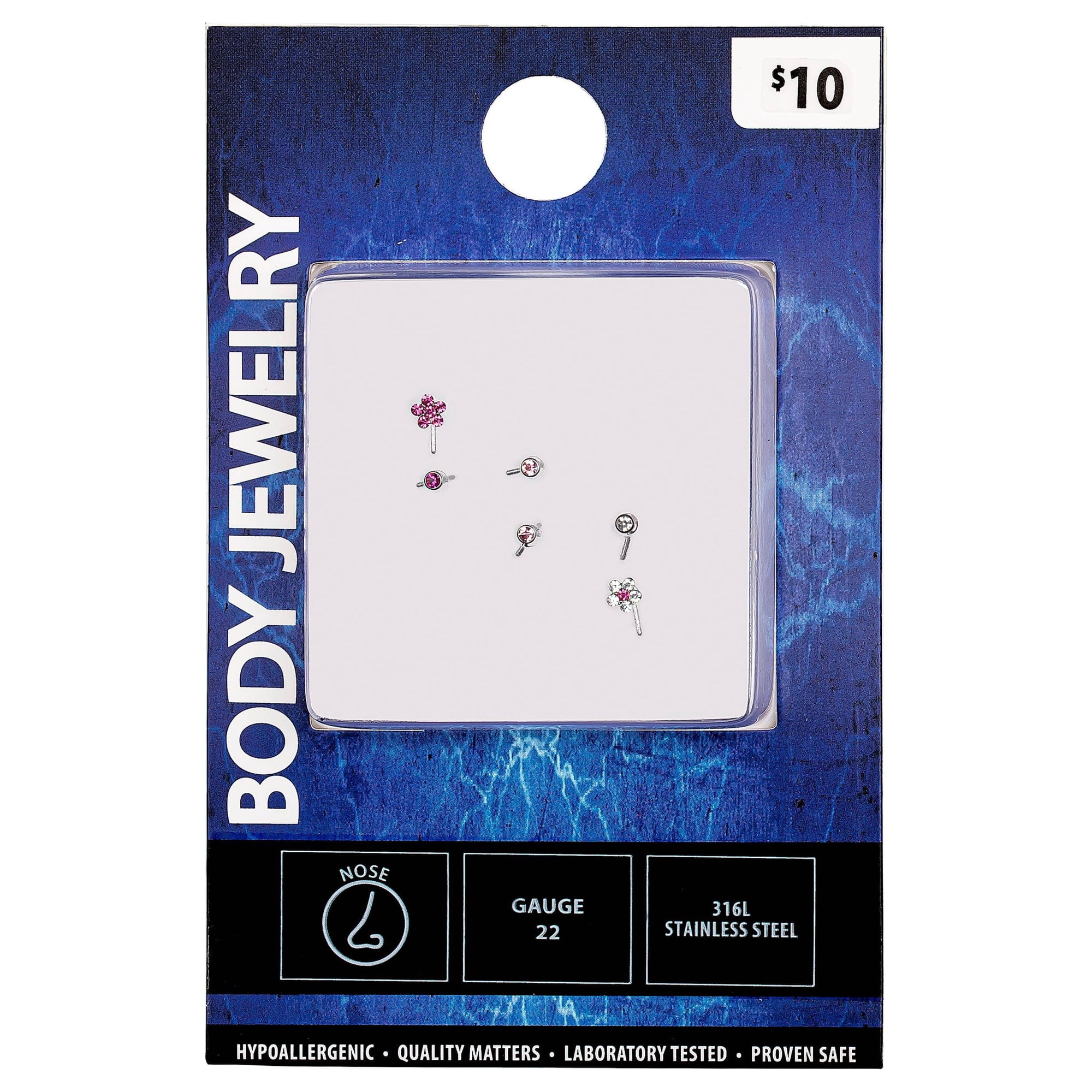 Adult Women's Pink Flower 22G Stud Nose Ring 6-Pack, Stainless Steel Body Jewelry