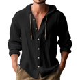 thumbnail image 3 of Camisa casual de color sólido para hombre, cárdigan de algodón y lino con capucha y cordón, camiseta de playa holgada moderna y versátil, 3 of 4