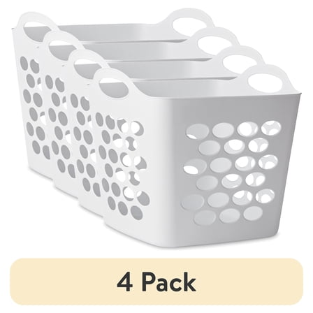 (4 pack) Mainstays Square Flexible Laundry Hamper with Handles, White Plastic
