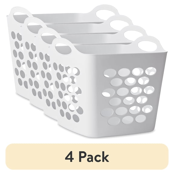 (4 pack) Mainstays Square Flexible Laundry Hamper with Handles, White Plastic