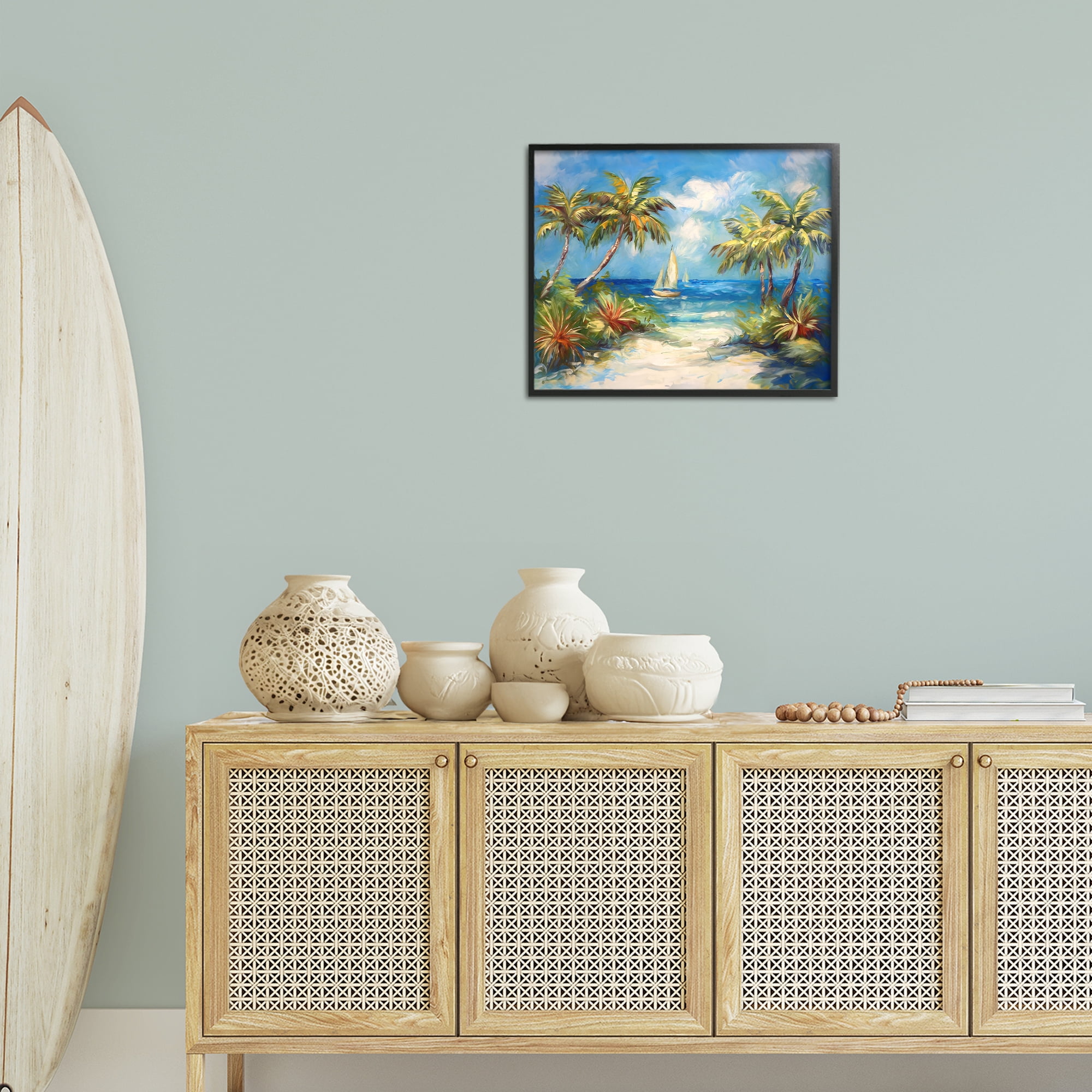 Stupell Industries Tropical Paradise Harbor Coastal Painting Black Framed Art Print Wall Art, 20 x 16
