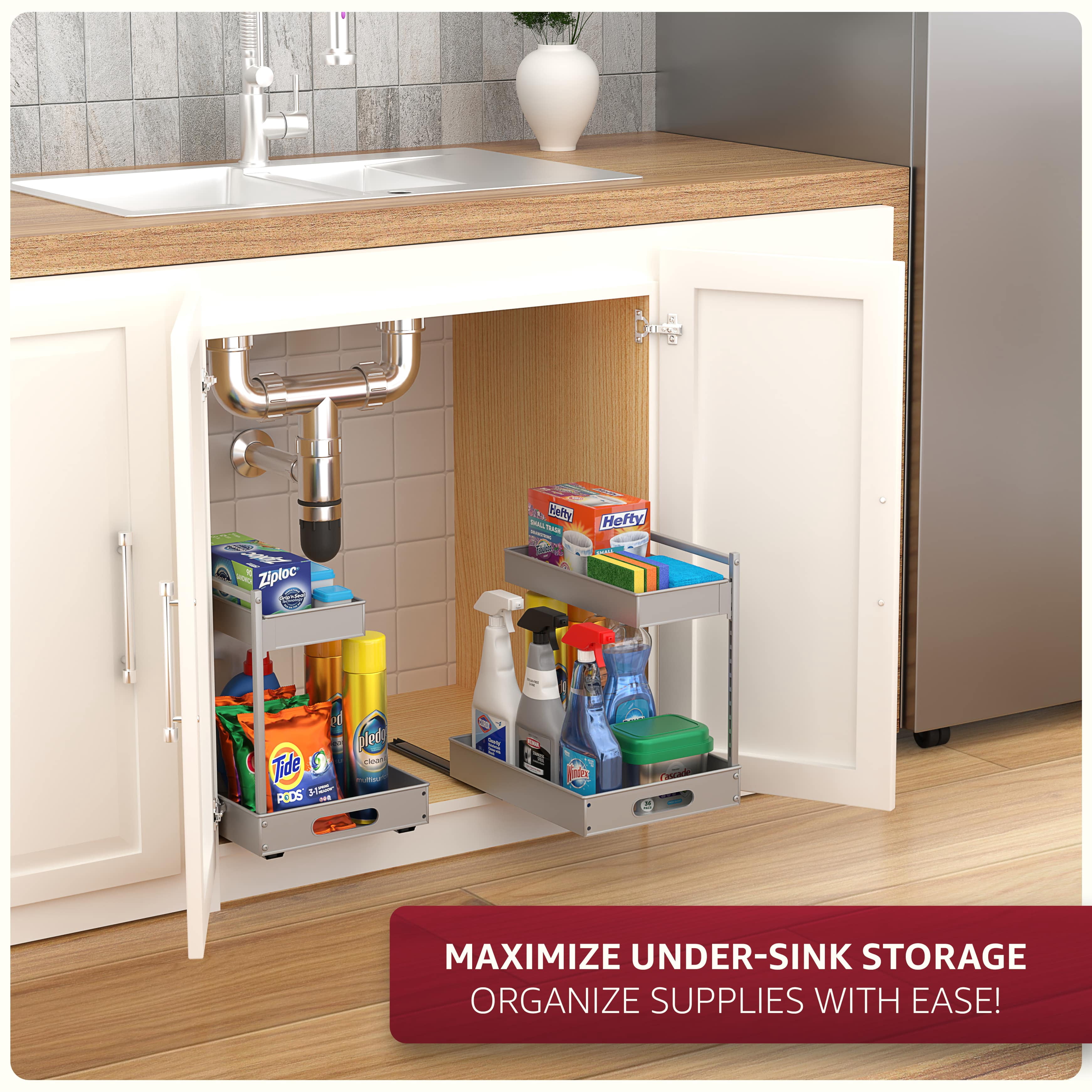 Sorbus 2-Tier Under Sink Organizer with Sliding Drawers, No-Drill Storage Rack (2 pack Silver)