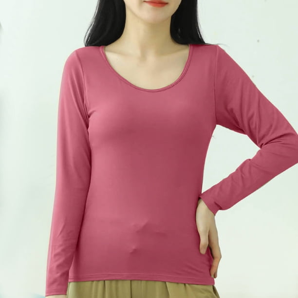 Pijama de manga larga para mujer, color liso, manga larga, cuello redondo, con copa acolchada, ropa de casa, pijama modal para mujer