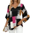 thumbnail image 2 of Xdegoge Tunic for Women V Neck Half Bell Sleeve Geometric Color Block Plaid Pattern Loose Fit Modern Artistic Style Casual Dressy Lightweight Chiffon Summer Tops, 2 of 6