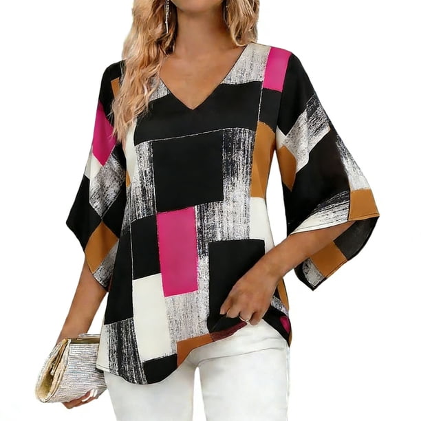 Camisas de Manga 3/4 de Mujer Elegante Blusa Suelta con Cuello en V con Estampado Floral Geométrico para Trajes Informales, de Trabajo O Sociales