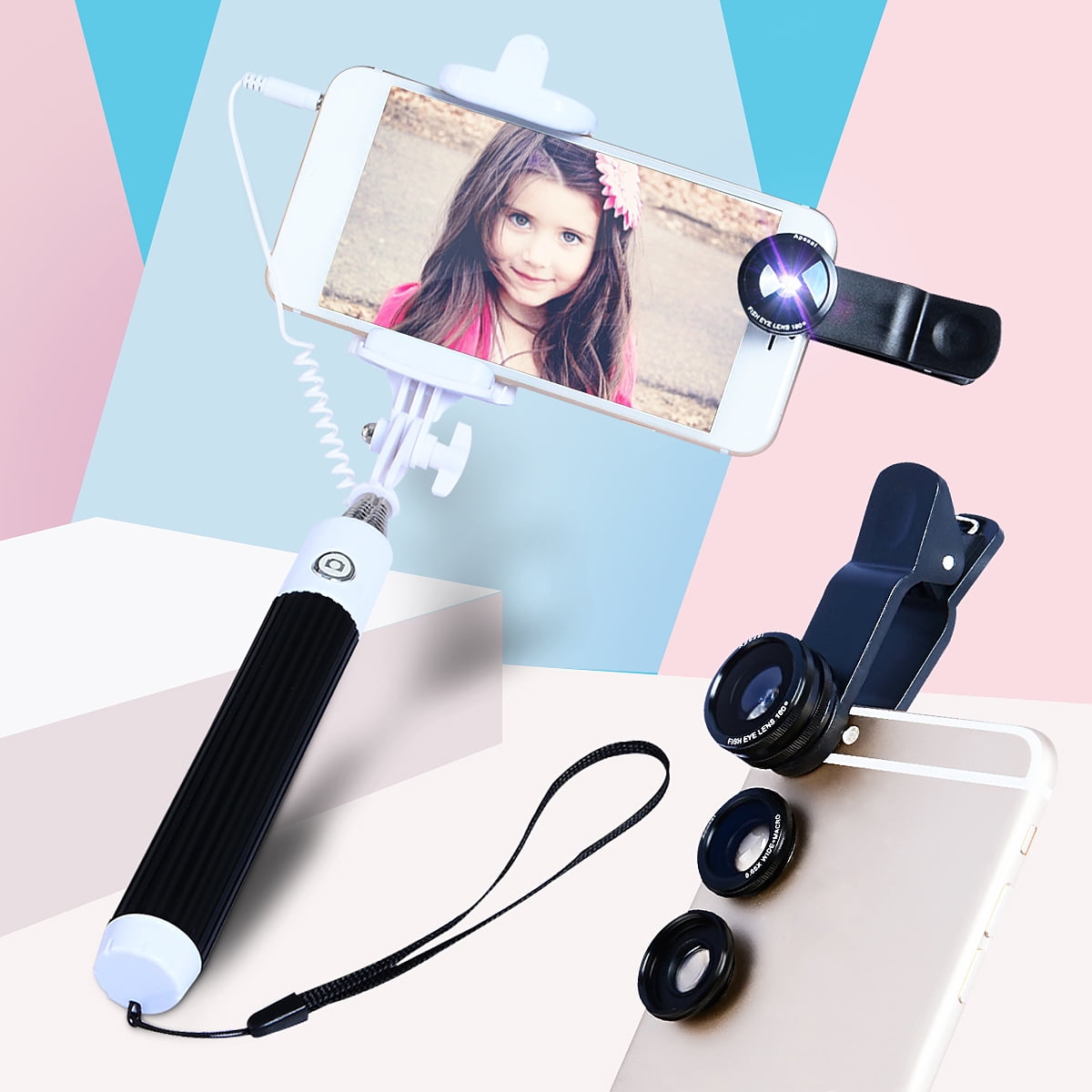 6 pcs Mobile Phone Selfie Stick + Camera Lens Kit Fish Eye 0.65x Wide
