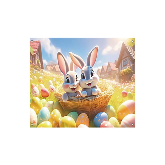 Mozhitti Happy Easter Decorations Banner Colorful Cartoon Easter Egg And Floral Rabbit Spring Photography Background Poster For Kid Easter Photo Booth Props