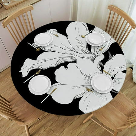 

Tllo0ord Elastic Tablecloth Black and White Decorative Fabric Table Cover for White Flowers Lily Fit Round Tables for Dining Room/Party/Banquet Decoration Black and White 46 -50