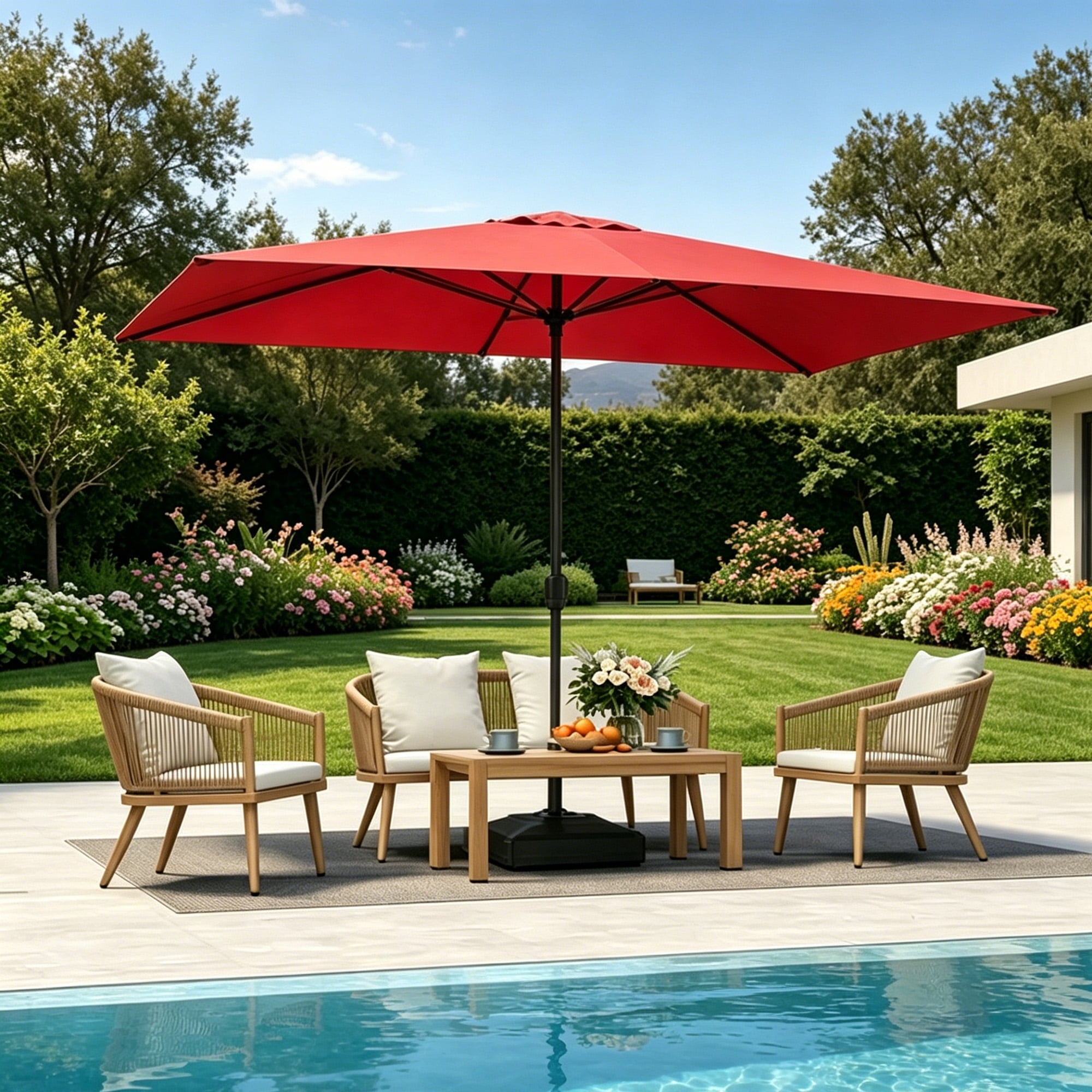 Kool 10x6.5ft Rectangular Patio Umbrella with Crank Handle, Outdoor Market Umbrella with 6 Sturdy Umbrella Ribs, Waterproof, Red