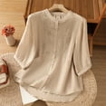 thumbnail image 2 of Vestidos Casuales Para Mujer, Blusas De Mujer De Moda Blusa de lino sintético con botones bordados y mangas 3/4 con cuello alto para mujer, 2 of 8