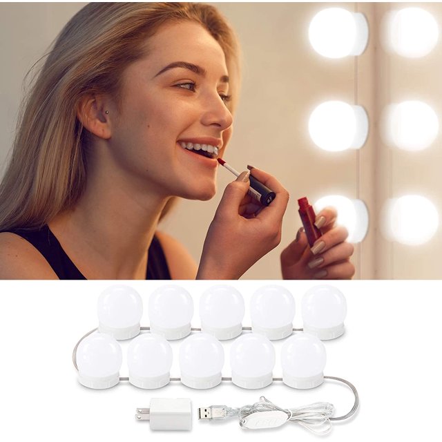 Vanity Lights for Mirror, DIY Hollywood Lighted Makeup Vanity Mirror with Dimmable Lights, Stick on LED Mirror Light Kit for Vanity Set, Plug in Makeup Light for Bathroom Wall Mirror, 10-Bulb