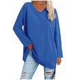 thumbnail image 1 of Blouse en Polyester à Manches Longues Col en V Couleur Unie pour Femmes Tailles Multiples (Bleu, TG), 1 of 4