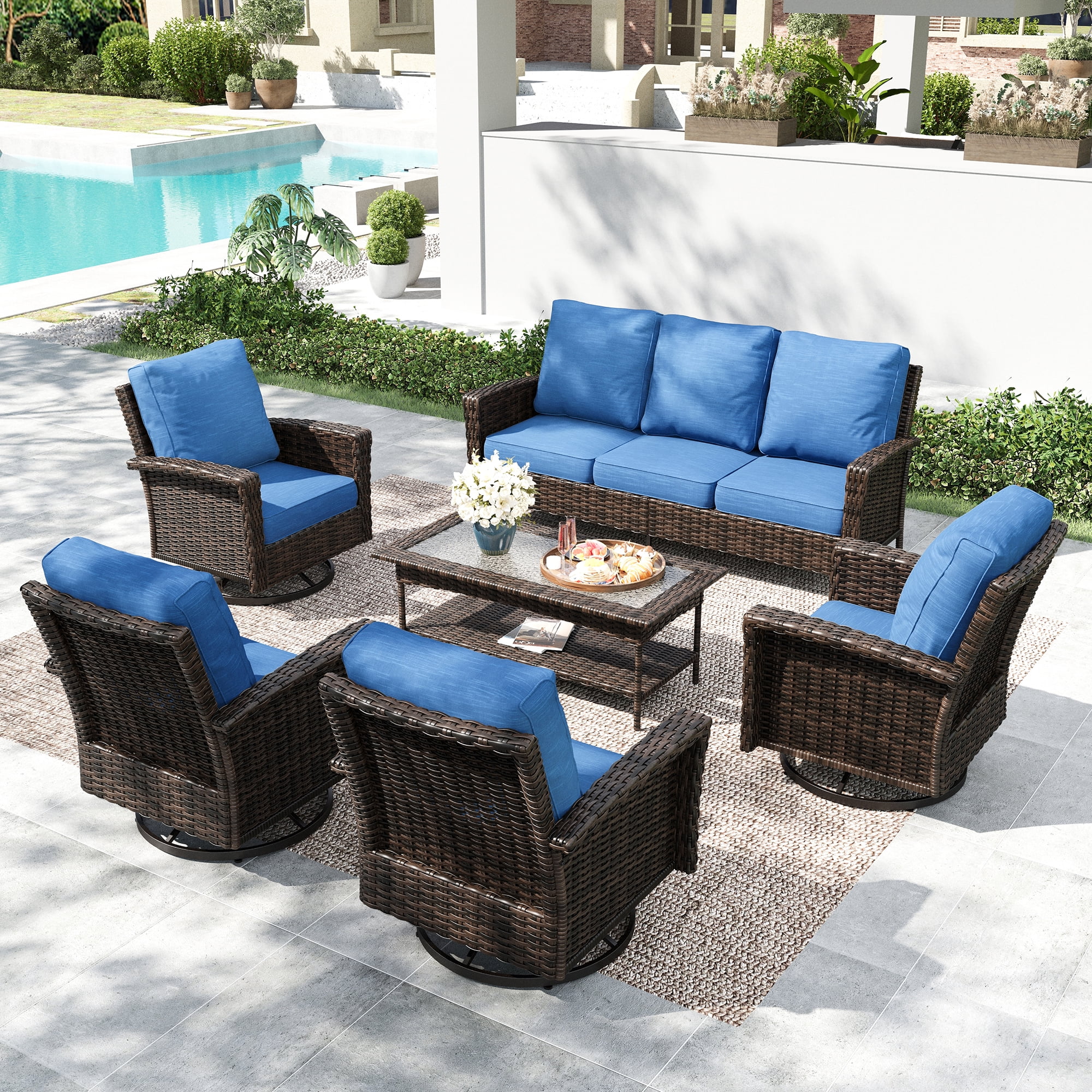 Summit Living 7-Seat Wicker Patio Furniture Set with 4 Swivel Chairs & 3-Seat Sofa with Coffee Table, Outdoor Sectional Conversation Set, Blue
