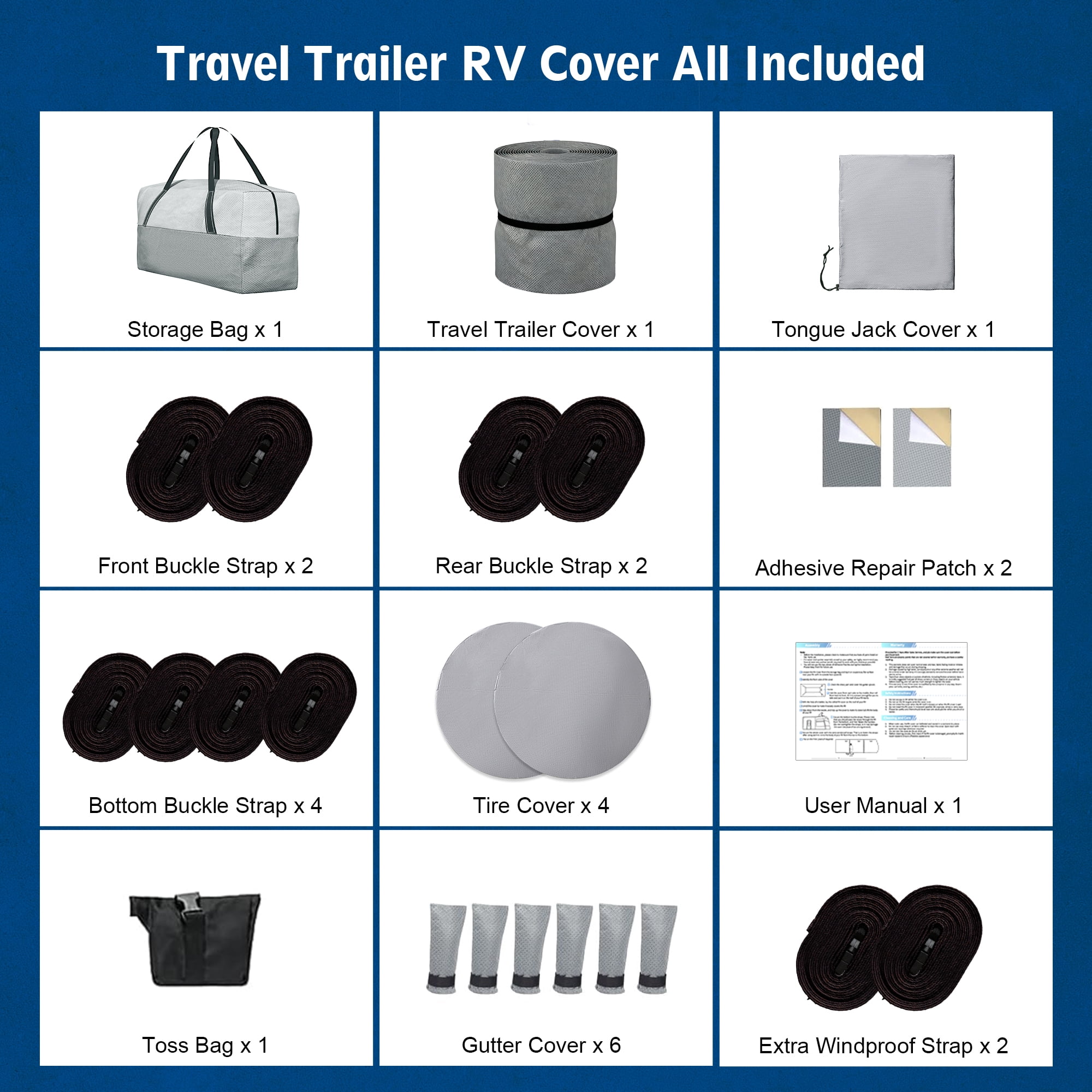 RIVERGRIT Travel Trailer RV Cover, Camper Cover Upgraded 7 Layers 20-22FT, RV Accessories for Windproof Waterproof with 2Pcs Extra Straps & 4 Tire Covers,Blue