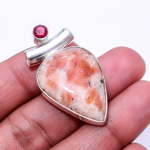 Golden Sunstone -Madagascar & Pink Rubellite Tourmaline 925 Sterling Silver Pendant 1.64", Orange Golden Sunstone Pendant P_8005_326_15, New Year Sale