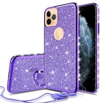 Apple iPhone 11 Pro Max Case Bling Rhinestone, Purple Clear Glitter Cute Phone Case Girls Ring Kickstand