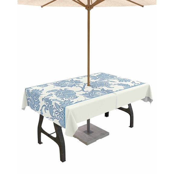 Boanket Outdoor Tablecloth with Umbrella Hole for Patio/Picnic/Party/Camping, Blue Spring Floral Waterproof Table Cloth Rectangle Table Cover Washable, Ethnic Boho Vintage Botanical (60"x 84")