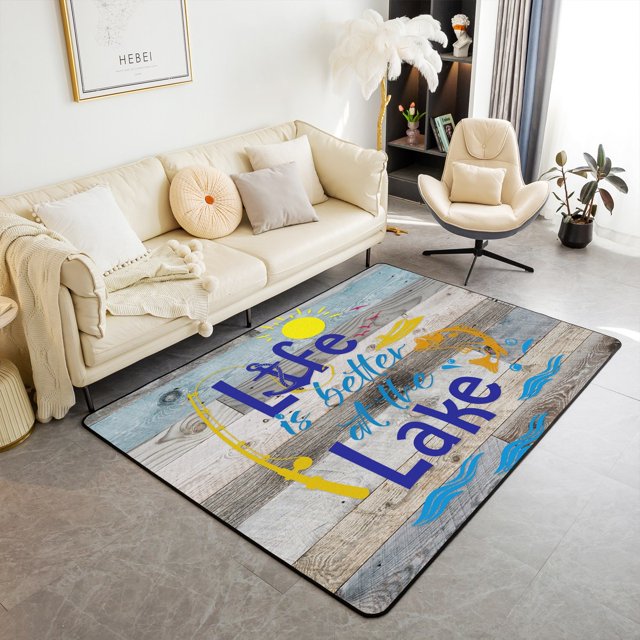 YST Lake House Rug Fishing Area Rug, Rustic Farmhouse Barn Door Carpet Wooden Stripes Texture Non Shedding Washable Decorative Rug For Living Room 3x5
