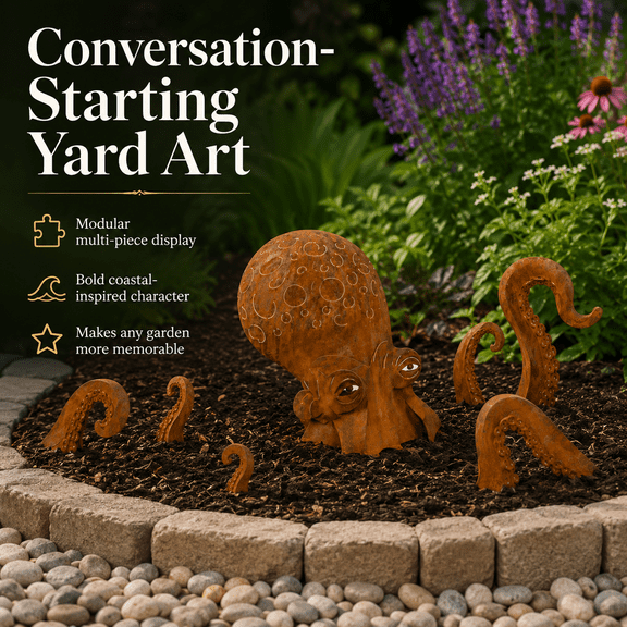 Rust Patina Giant Squid Garden Sculpture, Metal Kraken Yard Art Outdoor Lawn Decor, Handmade Octopus Garden Statue for Flower Beds, Pond Edges, Gravel Paths & Landscape Displays