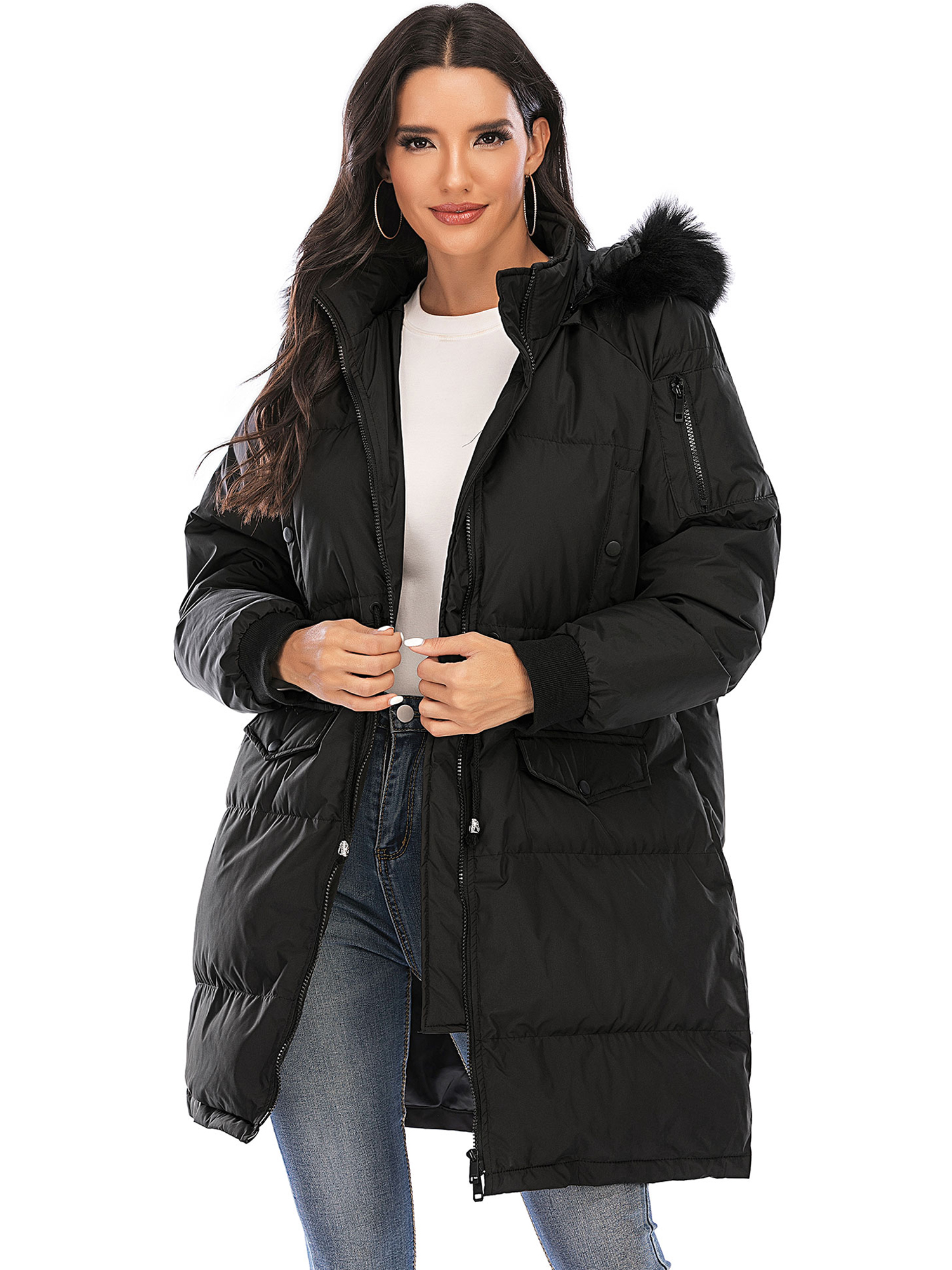 LELINTA Women's Plus Size Winter Warm Zipper Hoodie Long Jacket Waterproof Jacket Hooded Lightweight Raincoat Active Outdoor Trench Coat - image 5 of 7