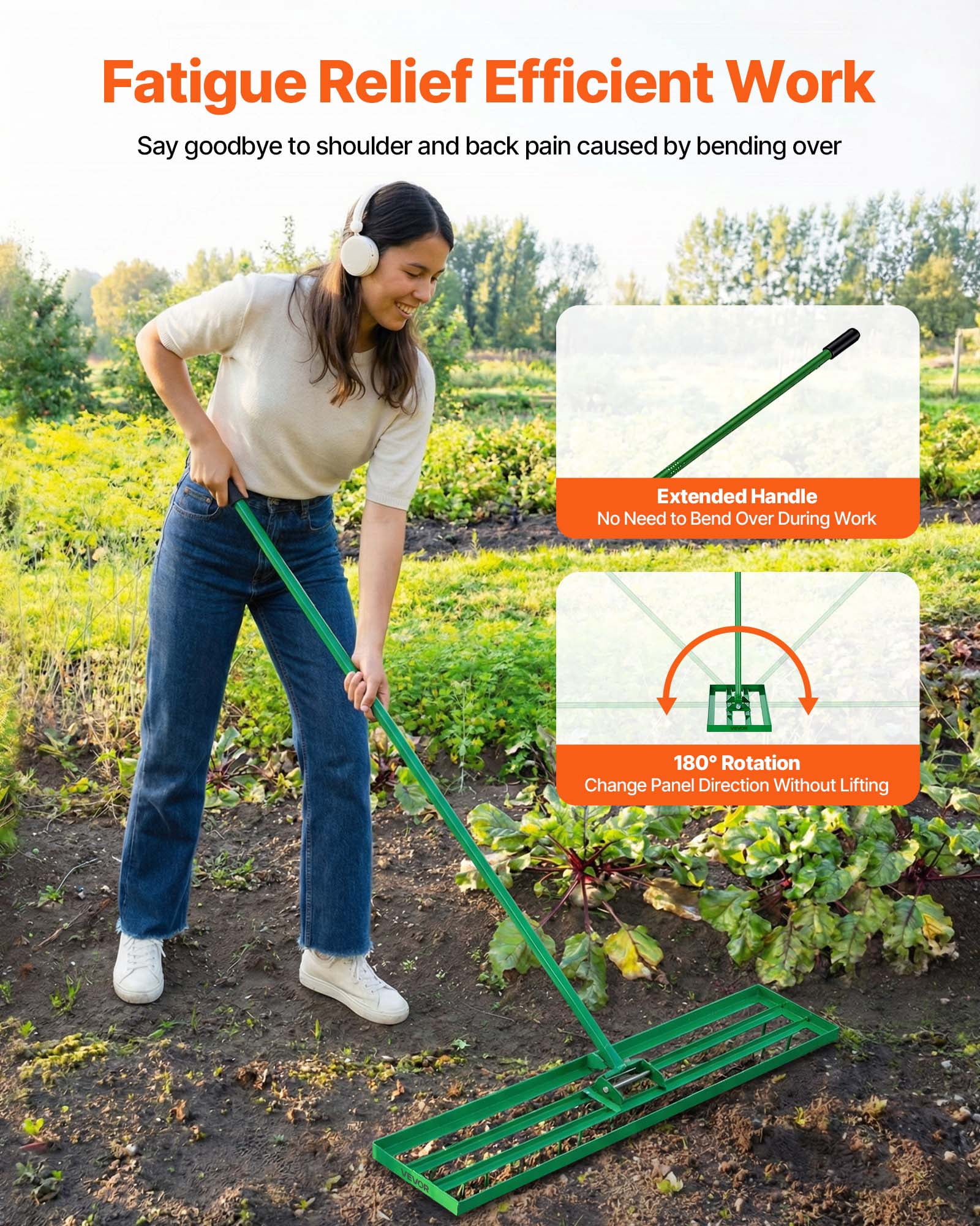 VEVOR Lawn Leveling Rake, 48"x10" Level Lawn Tool, Heavy-duty Lawn Leveler with 78" Steel Extended Handle, Yard Leveling Rake Suit for Garden, Golf Lawn, Farm