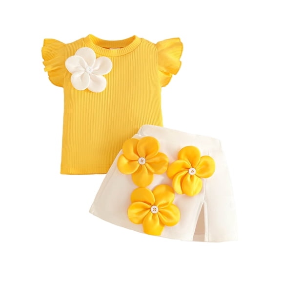 CAIVO Kids Summer Toddler Girls Fly Sleeve Ribbed O-Neck T Shirt Tops Floral Skirt Outfit Sets Birthday Clothes Sets