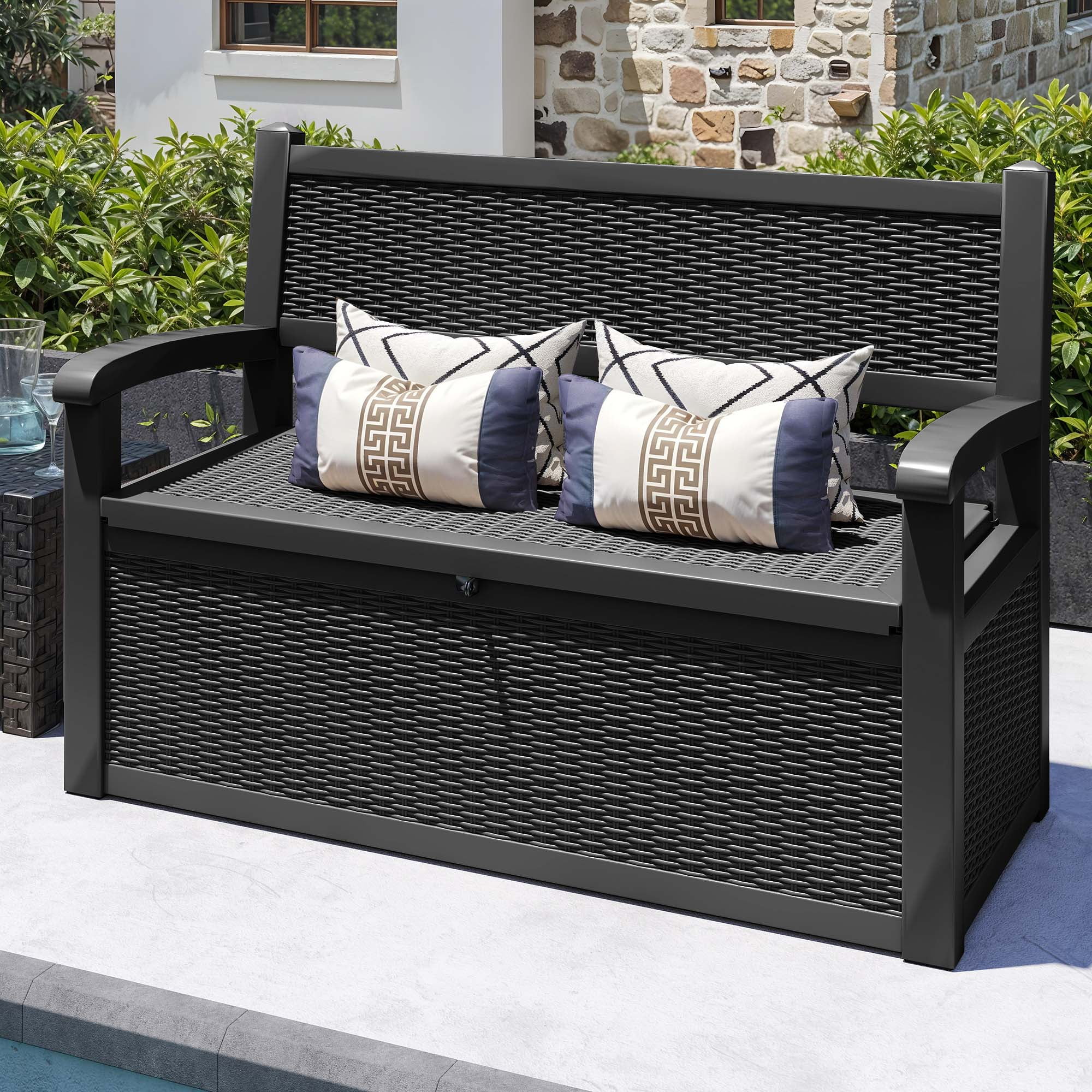 Uforic 70 Gallon Outdoor Resin Deck Bench, Waterproof & Lockable Storage Box  Bench with Armrests for Garden Patio, Black