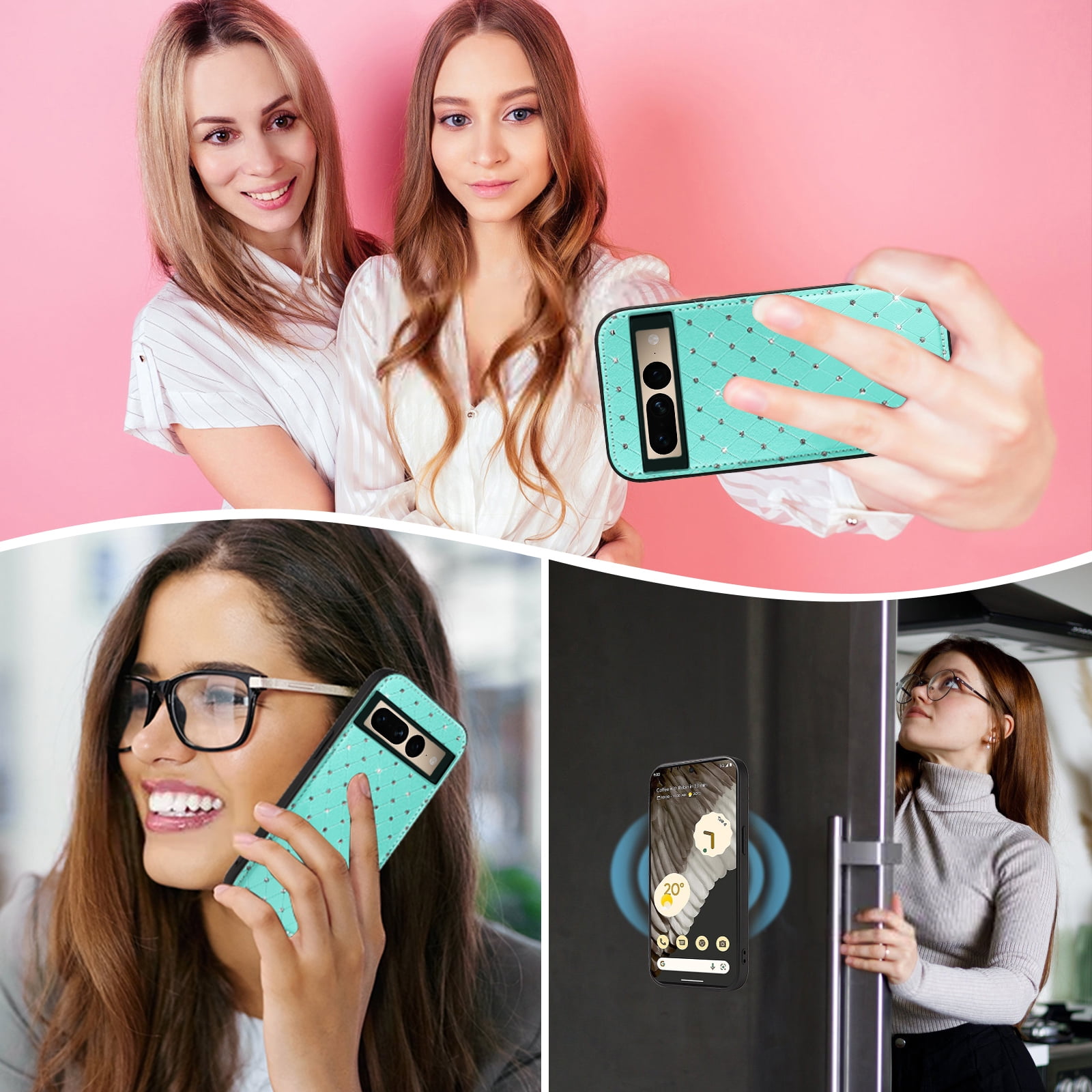 Asuwish Phone Case for Google Pixel 7 Pro 5G Zipper Wallet Detachable Cell Cover with Tempered Glass Screen Protector Crossbody Lanyard Strap Bling Glitter Flip Card Holder Slot Pixel7Pro 7XL Green