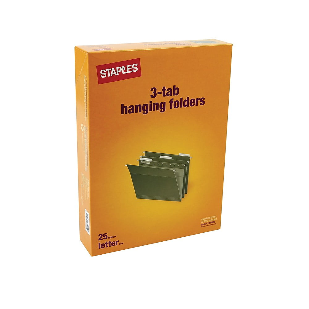 Staples Hanging File Folder 3Tab Letter Size Standard Green 25/BX
