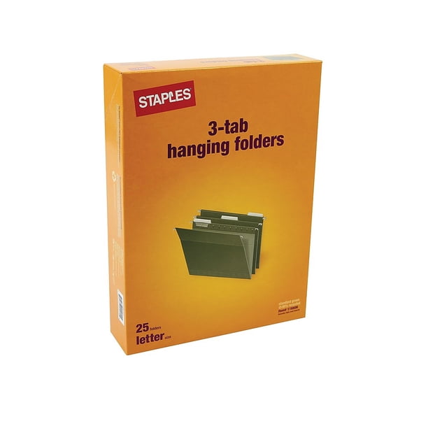 Staples Hanging File Folder 3 Tab Letter Size Standard Green 25 BX 