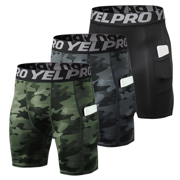 Bermudas Pack de 3 pantalones cortos de compresión para hombre Ropa interior de entrenamiento activo con bolsillo YEL Bermudas