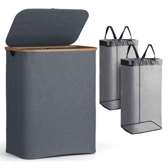 MADIKA  Bamboo Laundry Hamper with Lid Dual Compartment, 150L Large Collapsible  Laundry Basket for Bedroom, Bathroom,Closet, Dorm(Grey)