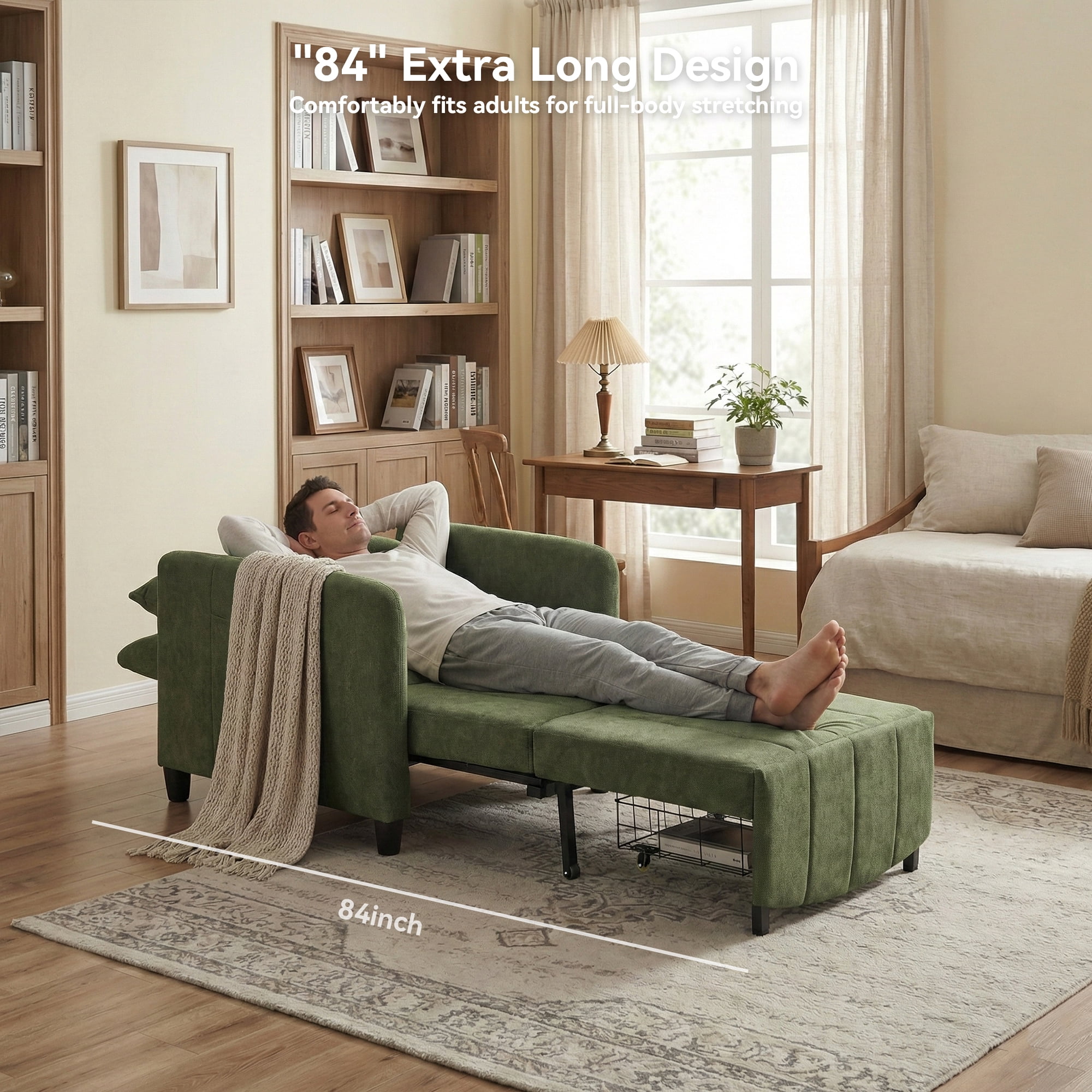 YIKEMA 4-in-1 Convertible Sleeper Chair Bed, 84 Inch Extra Long Pull Out Sofa for Tall Guests, Adjustable Backrest Lounge with Side Storage & Metal Frame, 500 lbs Capacity, Green