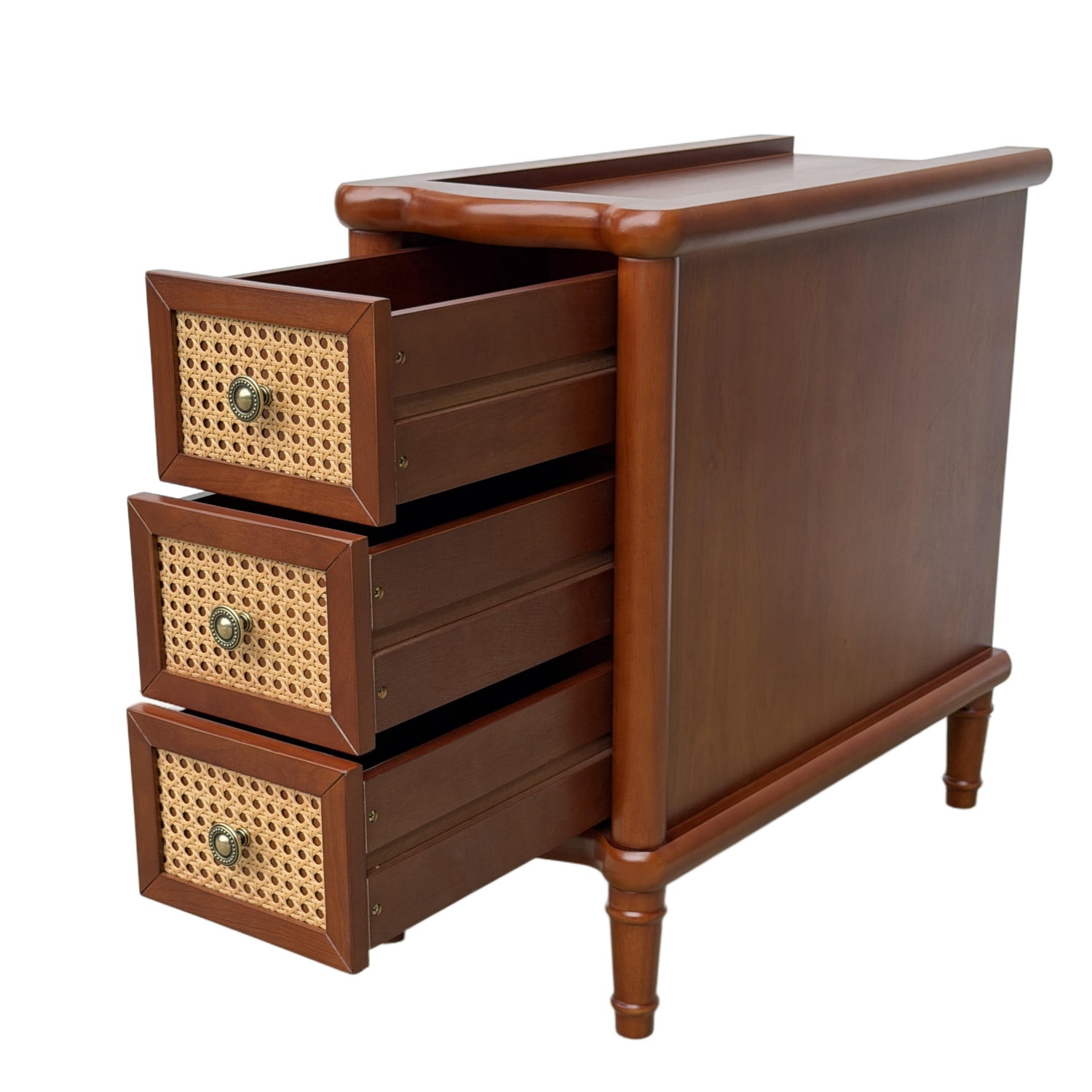 Hommoo Rattan End Table with 3 Drawers, Narrow Light & Seadrift Bedroom Side Table, Solid Wood Look MDF Nightstand for Living Room, Office or Bathroom, Walnut