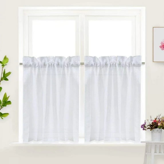 Haperlare Kitchen Curtains Waffle Woven Textured Blackout Short Window Curtain for Cafe Bathroom Kids Bedroom, White, 30" x 30" 2 Panels