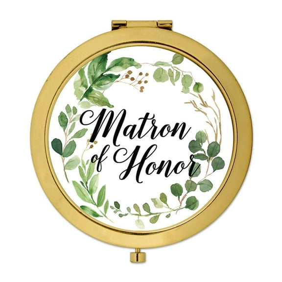 Koyal Wholesale Compact Mirror Matron of Honor Wedding Gift, Gold, Greenery Green Leaves, 1-Pack