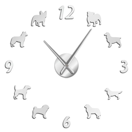 Different Pet Dog Breeds Frameless Wall Clock Stickers, DIY Modern Decorative Clocks for Living Room, Bedroom, Office - Easy to Install, Large 3D Clock Design (Silver,47in)
