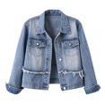 thumbnail image 2 of ThriftyPlait Women Vintage Washed Jean Jacket Casual Fray Hem Distressed Lapel Denim Coat Button Up Slim Fit Daily Short Outer Top, 2 of 9