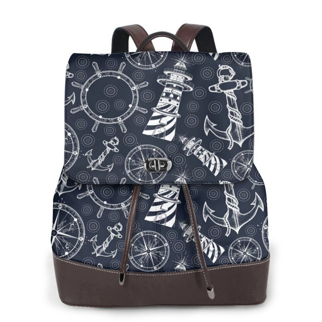 Easygdp Anchors and Lighthouse Mochila de Cuero para Mujeres, Bolso de Hombro, Bolsos de Mano de Moda para Trabajo y Viajes
