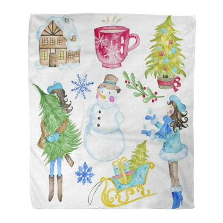 Sofa Grill SIDONKU Throw Blanket Warm Cozy Print Flannel Christmas Winter Watercolor Hand Seasonal Holiday Merry Bright Joy Snowman Girl Comfortable Soft for Bed Sofa and Couch 58x80 Inches ()