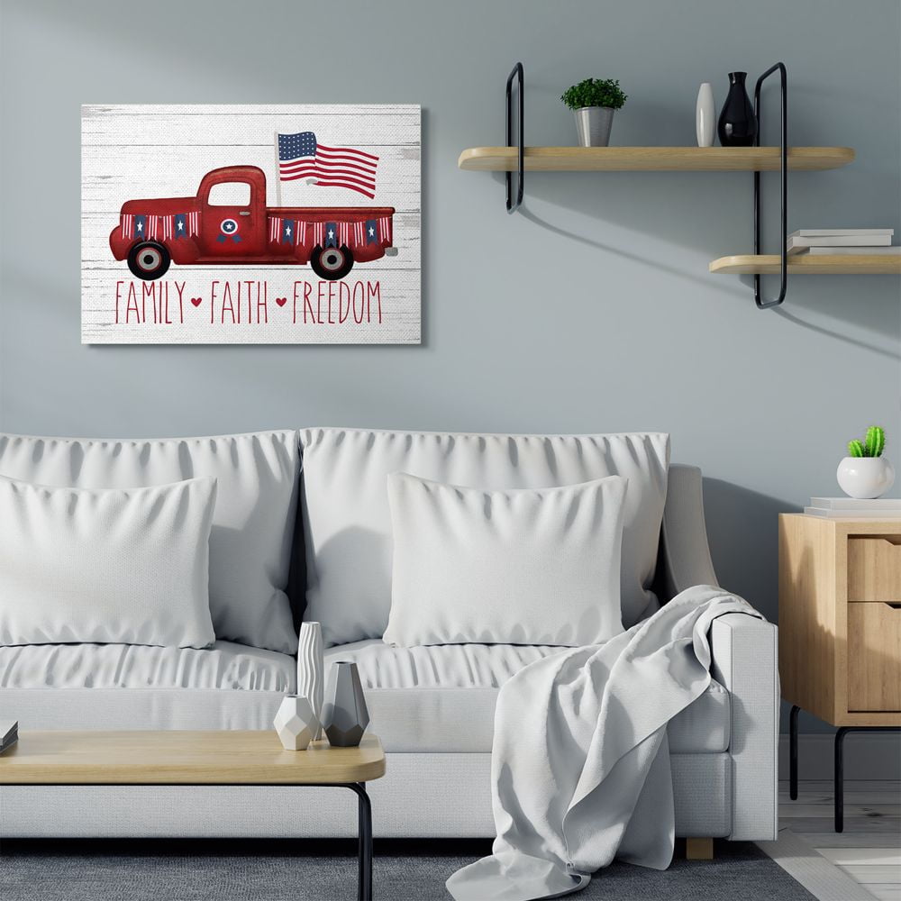 Stupell Industries Rustic Faith Family Freedom Patriotic Quote Americana Truck Canvas Wall Art Design by Lettered and Lined, 30" x 40"