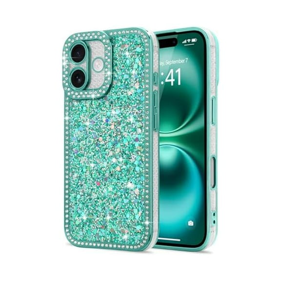 for iPhone 16 Case Glitter, Luxury Shiny Bling Sparkly Phone Cover with Crystal Diamonds Rhinestone for Women Girls Soft TPU Slim Shockproof Protective Phone Case for iPhone 16 6.1", Green