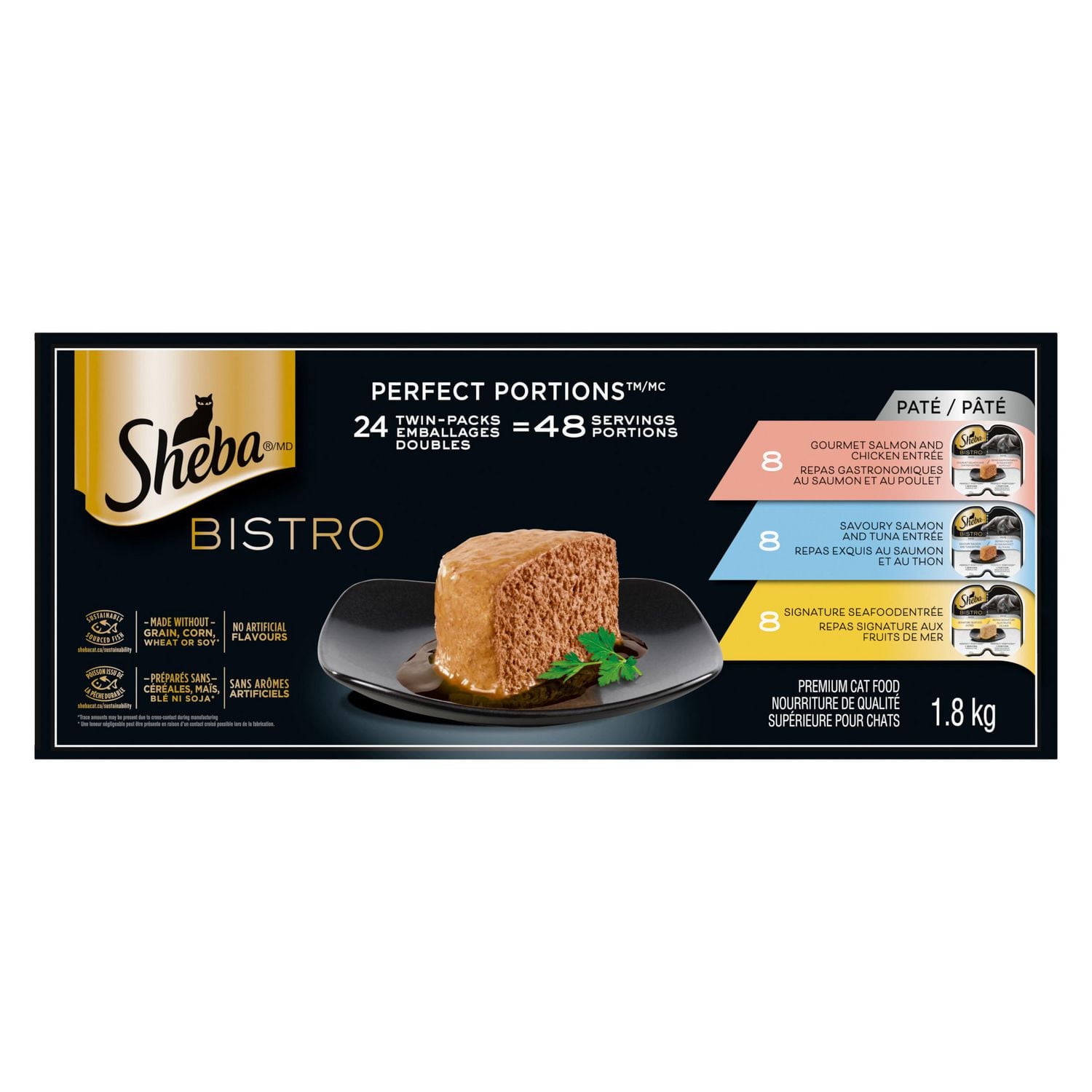 Nourriture humide pour chats adultes SHEBA BISTRO PERFECT PORTIONS pâté en format variété – repas gastronomiques au saumon et au poulet, repas exquis au saumon et au thon et repas signature aux fruits 24x75 g