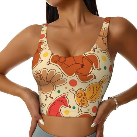 Qokaie Autumn Animal Maple Leaves Pattern Womens Scoop Neck Sports Bra Breathable Workout Vest Padded U Back Medium Impact Fitness Gym Yoga Bra Workout Crop Top-Medium