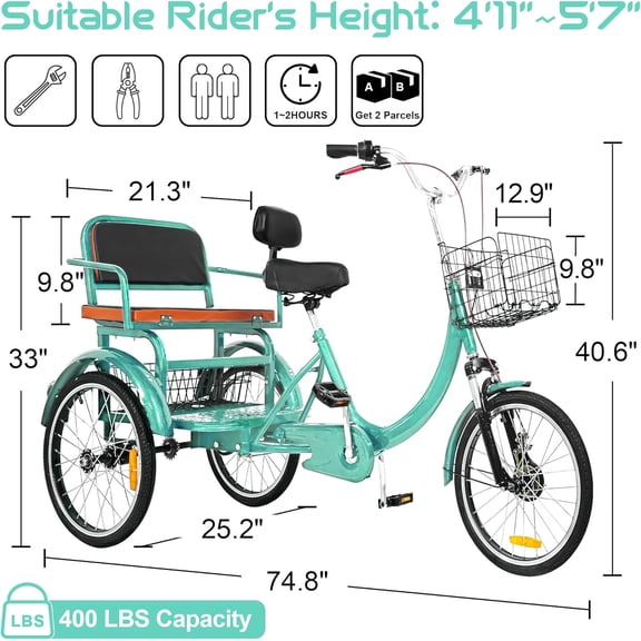 ICEELF Adult Tricycle, 20 Inch 3-Wheel Cruiser Bike with Passenger Seat, Front Basket and Hidden Rear Basket, Low Step-Through Trike for Women, Seniors and Men