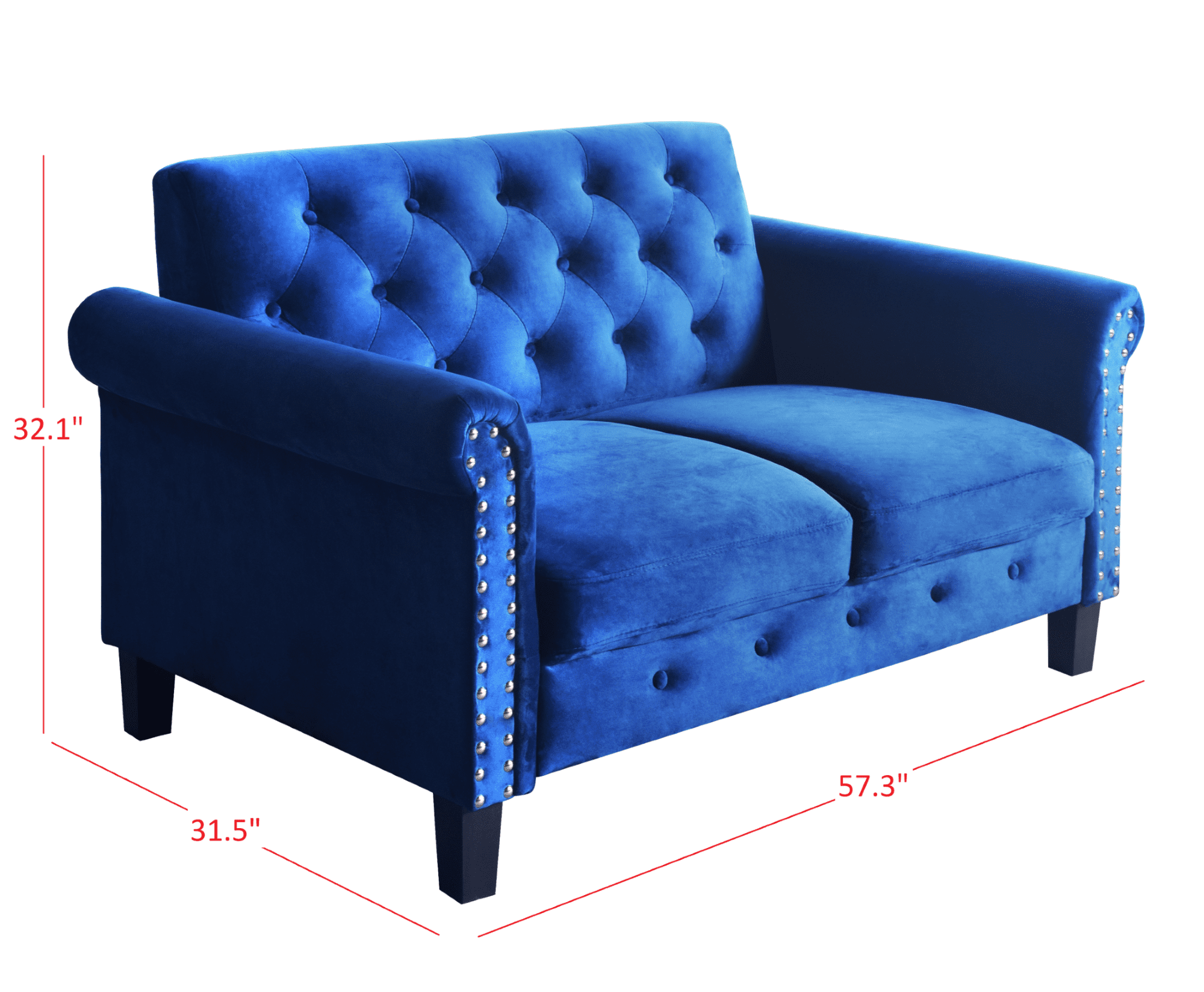 Home Design Casper 2-Piece Velvet Living Room Set with Loveseat and Sofa, Rolled Arms, Nailhead Trim, Navy Blue, Adult